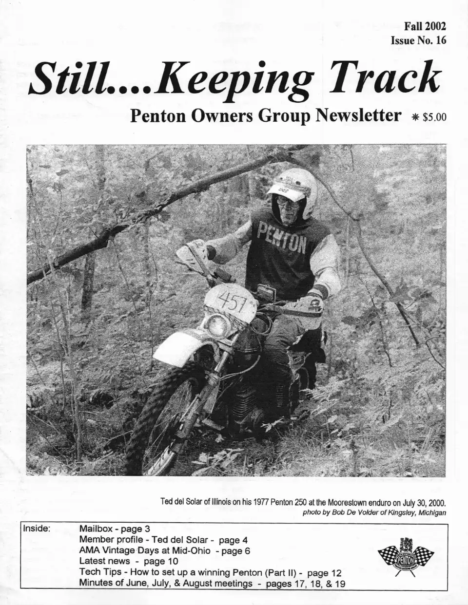 Penton newsletter cover with motorcycle rider in forest.