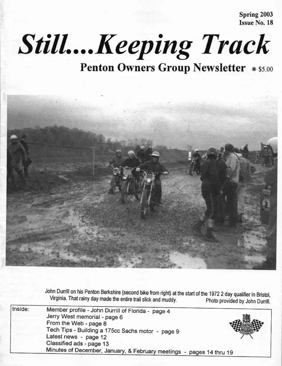 Newsletter cover with motorbike group photo.