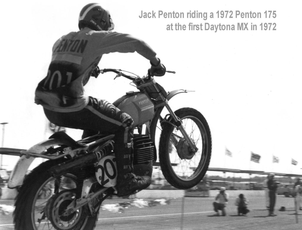 Motorcyclist jumps a dirt bike at Daytona MX 1972.