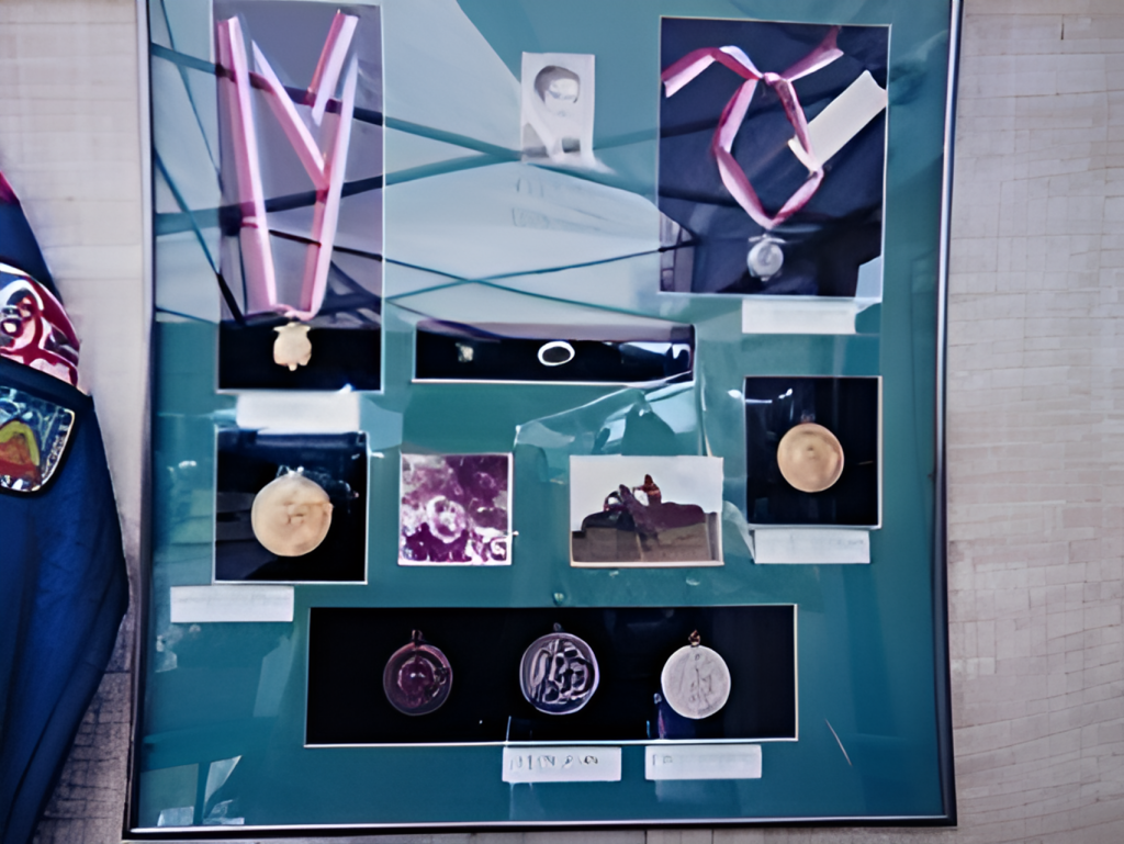 Framed display of medals and awards