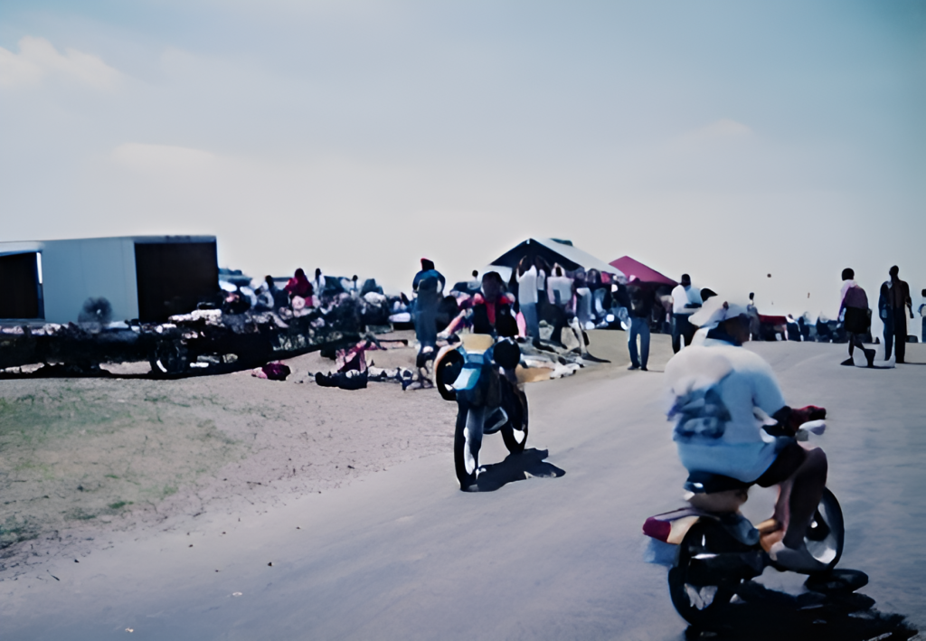 People and bikes at outdoor market scene.