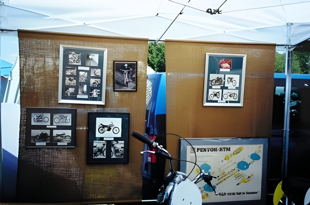 Retro motorcycle photo display at outdoor market