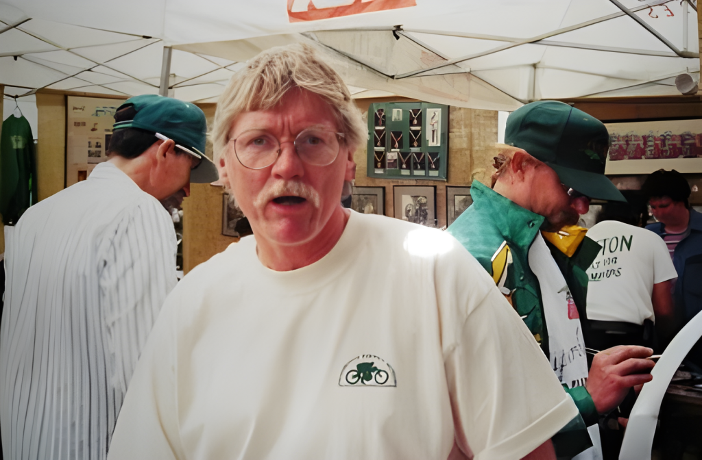 People inside a vintage sports memorabilia booth