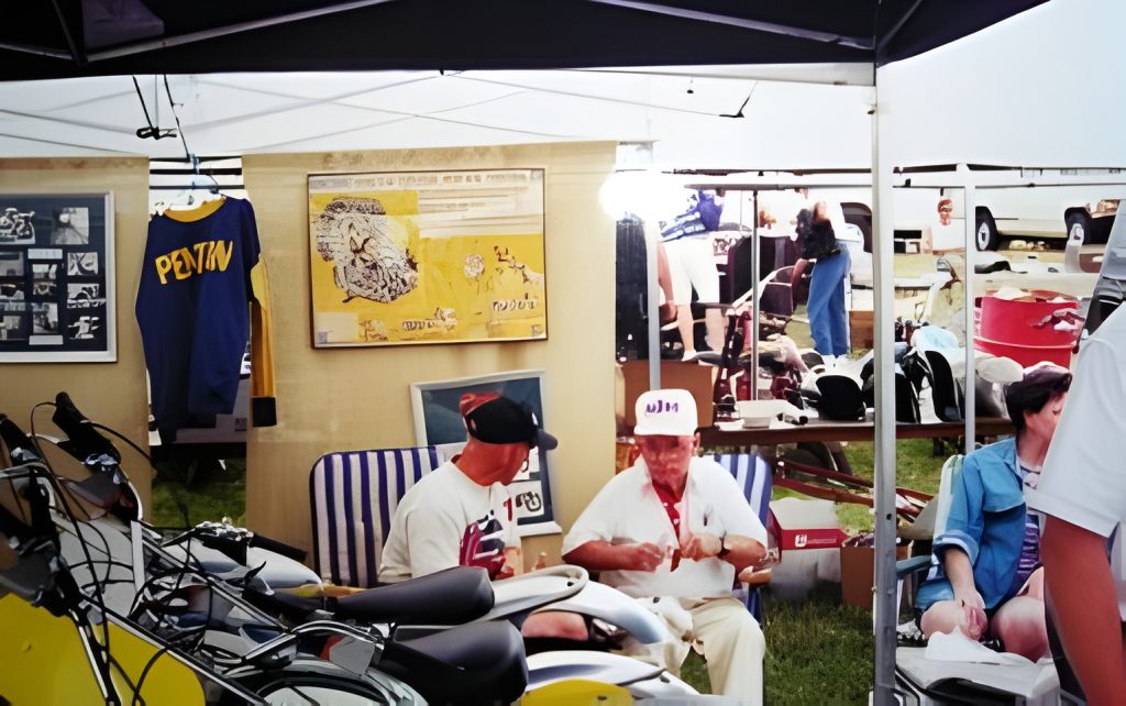 Vintage market booth with bikes and vintage items.