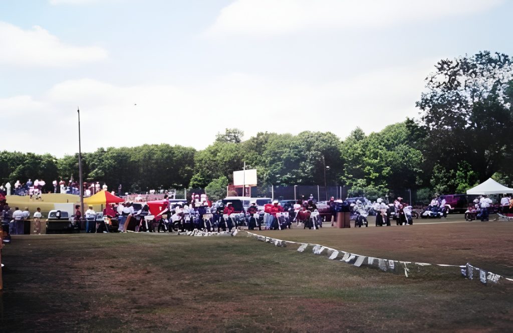Outdoor fair with booths and people under trees.