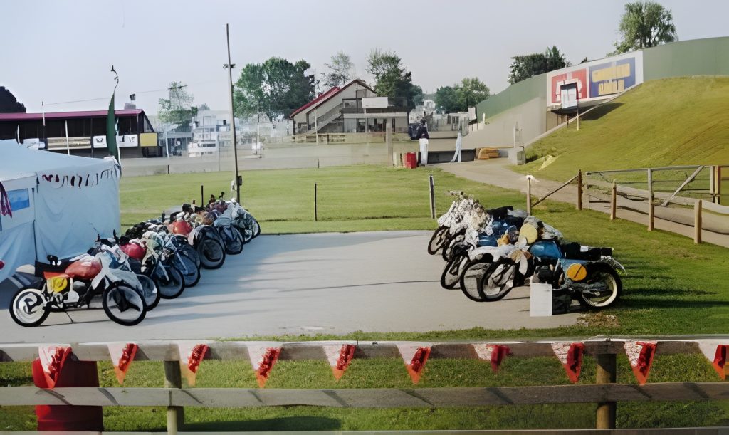 Outdoor motorcycle display near pavilion