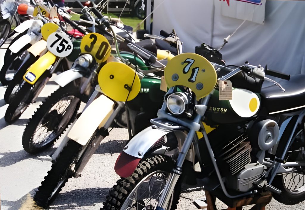 Vintage motorcycles lined up at outdoor event
