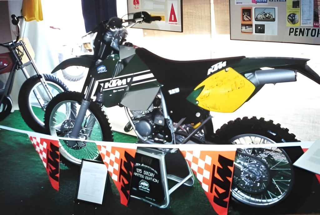 Vintage KTM motorcycle displayed at exhibition
