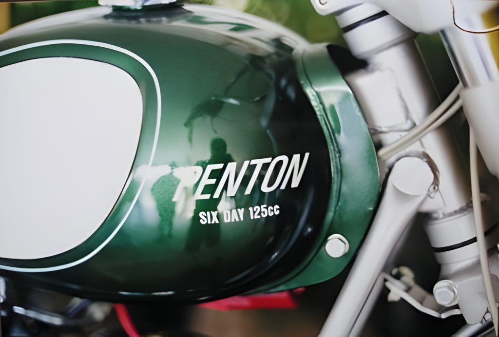 Close-up of green Penton motorcycle engine.