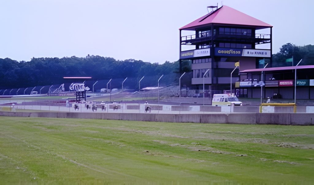 Raceway with control tower and empty track