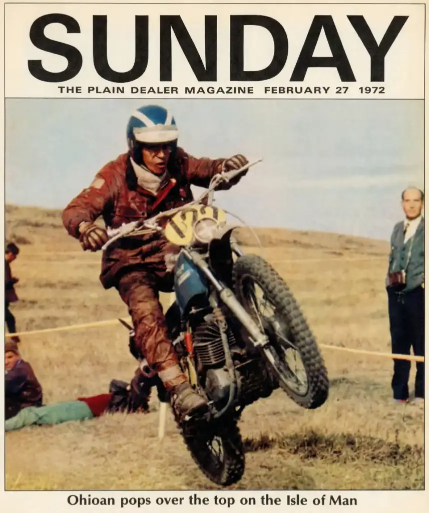SUNDAY The Plain Dealer Magazine, February 27 1972. Ohioan pops over the top on the Isle of Man.