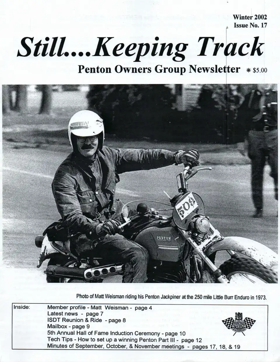 Penton Owners Group Newsletter cover, Winter 2002, motorcycle rider.