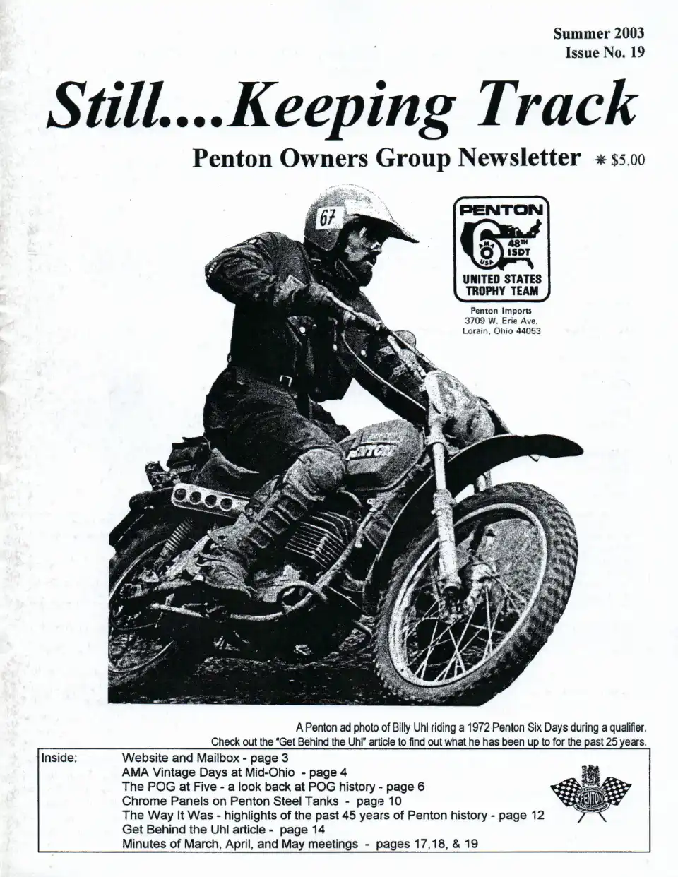 Motorcyclist on a classic Penton bike, vintage newsletter cover.