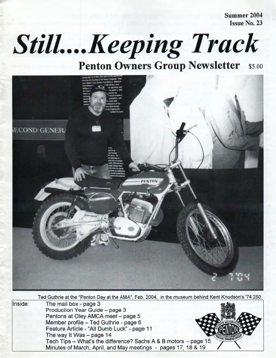 Penton Owners Group Newsletter cover with motorcycle.