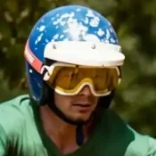 Bob Rush wearing a helmet and goggles outdoors.