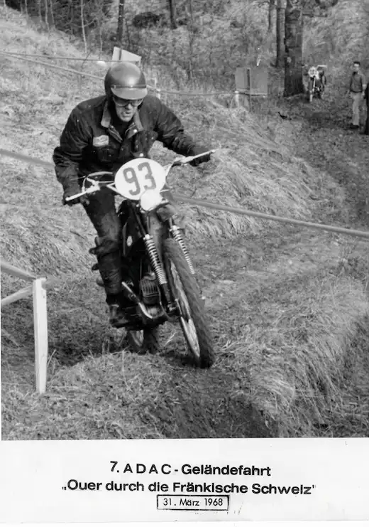Motorcyclist riding off-road during 1968 event.