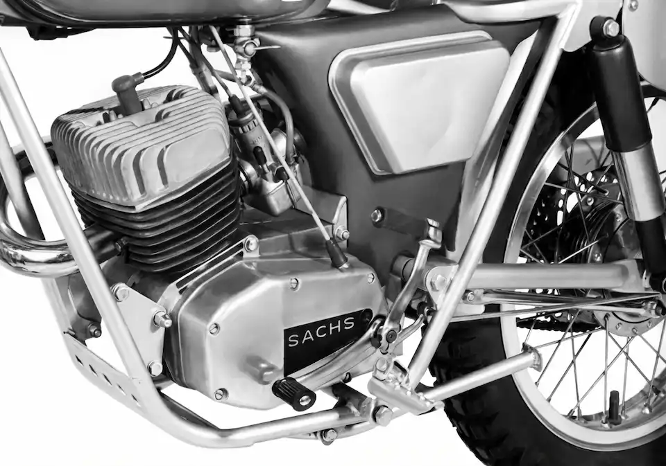 Vintage motorcycle engine close-up with Sachs logo.